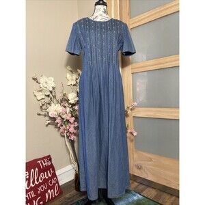 Karin Stevens Womens Blue Floral Embroidered Chambray Denim Maxi Dress Size 8